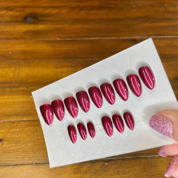 Red Shimmer Polished & Glazed Nails | Short Almond Press On Nails | Winter Mani - Picture 9 of 11